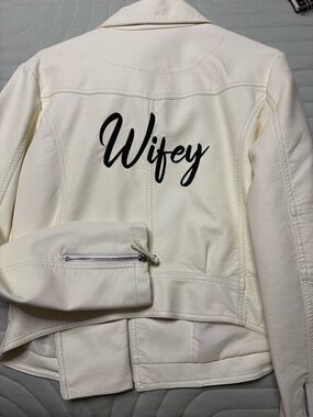 David's Bridal White Faux-Leather 'Wifey' Embroidered Jacket